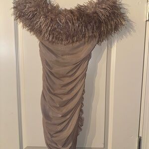 PrettyLittleThing Brown Backless Dress with Feather Trim